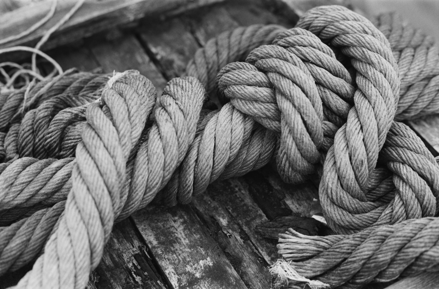 Thick rope is coiled on a wooden surface.