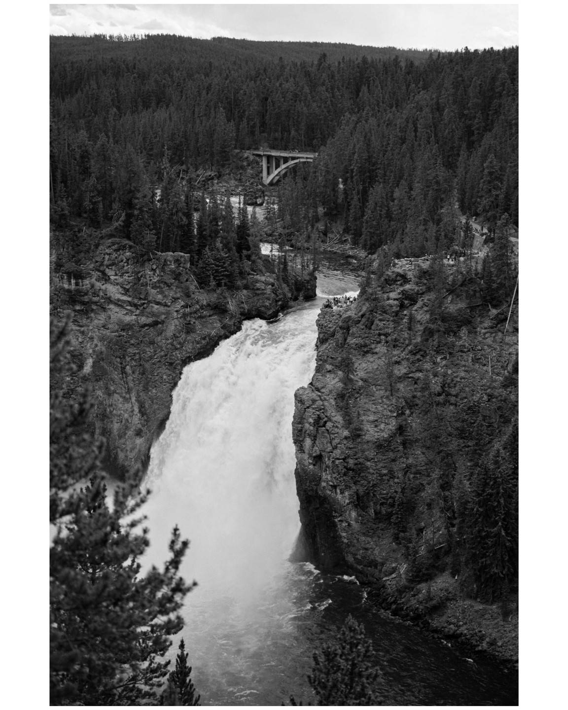 A large waterfall cascades into a river, surrounded by a dense forest and a bridge in the distance.
