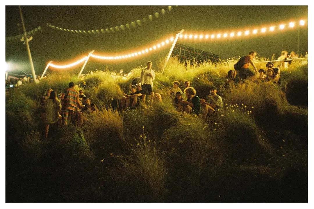 A group of people are sitting and standing on a grassy hill at night, illuminated by string lights overhead.