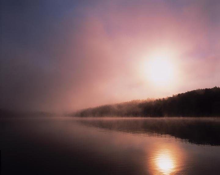 The sun rises over a misty lake with a forested shore.