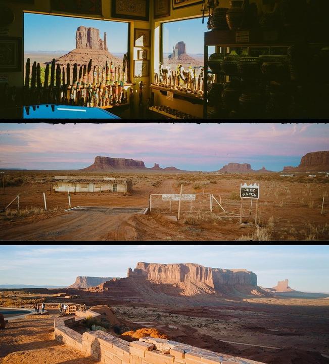 Three panoramic images show different views of Monument Valley, including a shop interior, a desert road with a sign for Chee Ranch, and a scenic overlook.