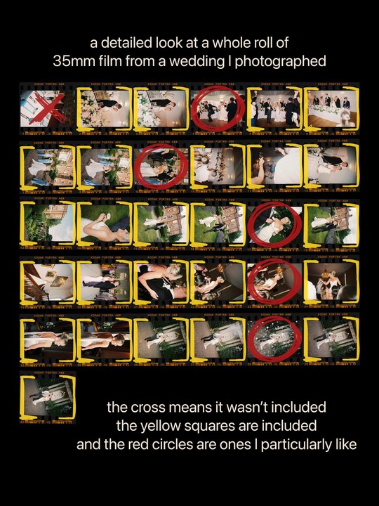 A contact sheet displays multiple images from a wedding, with some marked by red circles and yellow squares.