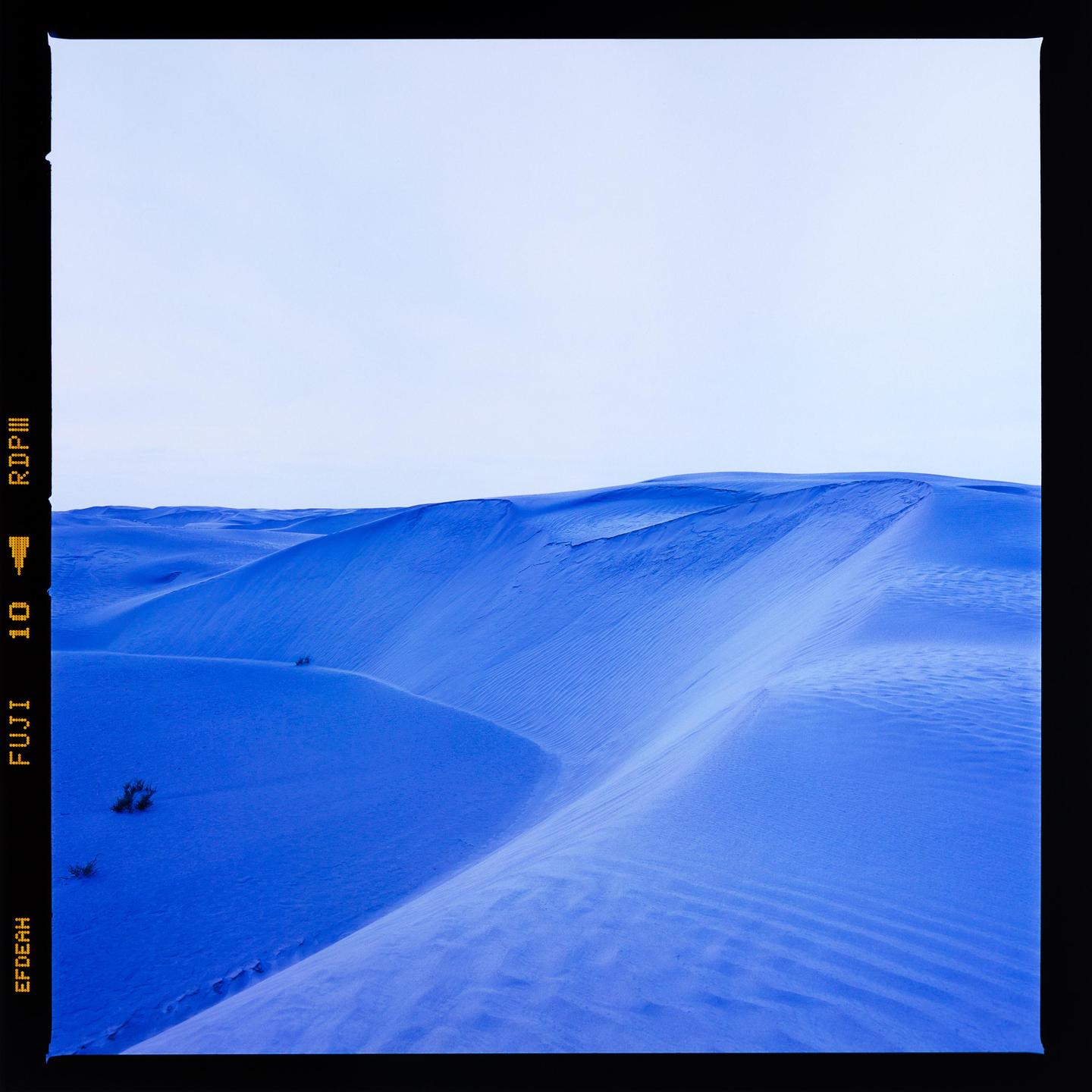 A vast expanse of blue sand dunes stretches under a light sky.