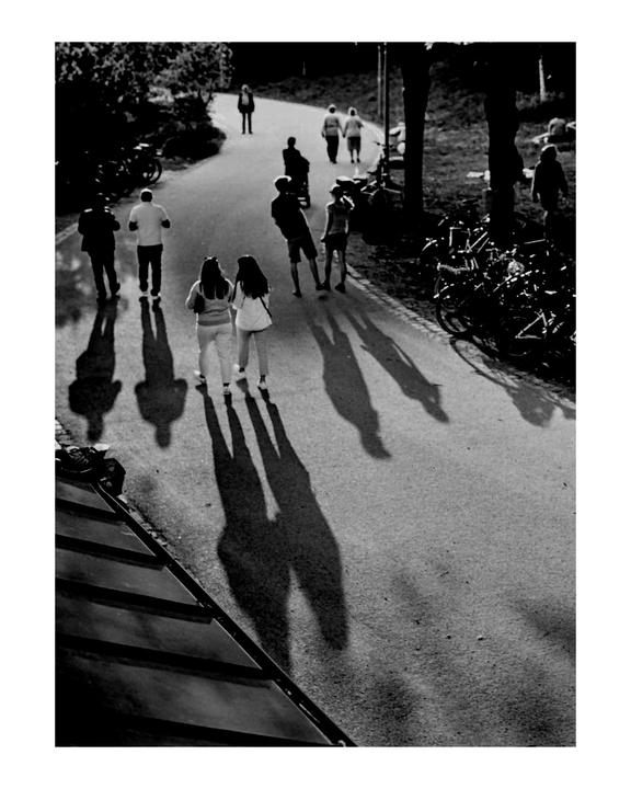 People walk on a paved path with long shadows stretching out in front of them.