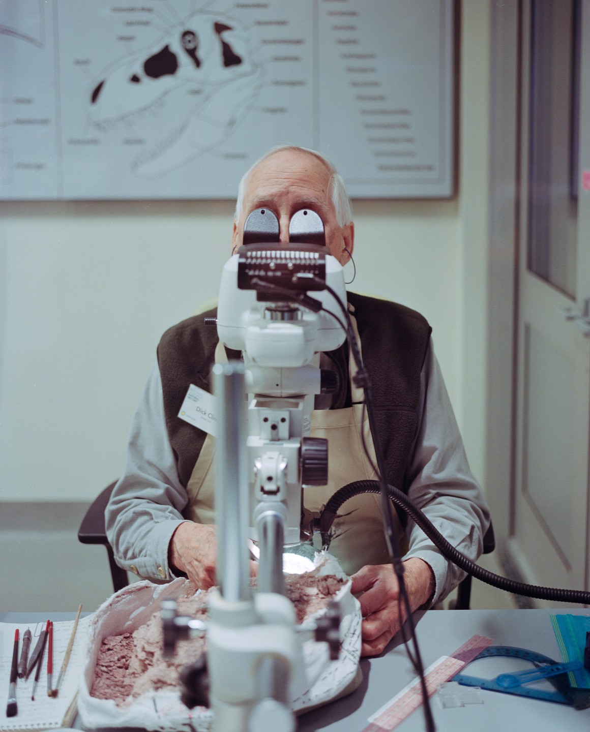 A man looks into a microscope with googly eyes attached to the eyepieces, while working on an archaeological dig.