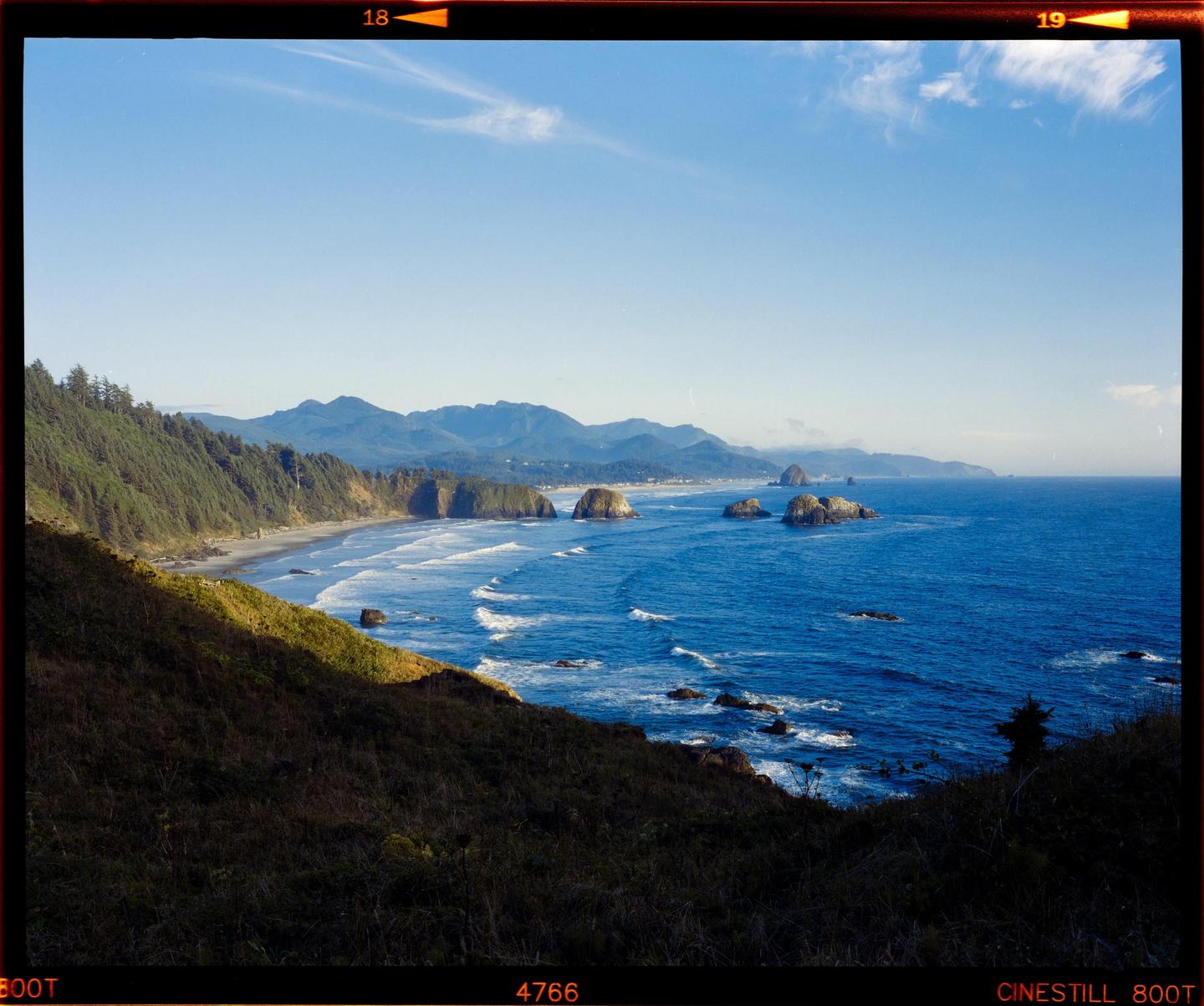 A coastal landscape features a beach, ocean, and mountains under a clear sky.
