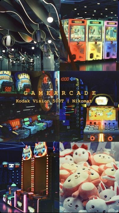 A collage of photos shows various arcade games and claw machines with stuffed animals.