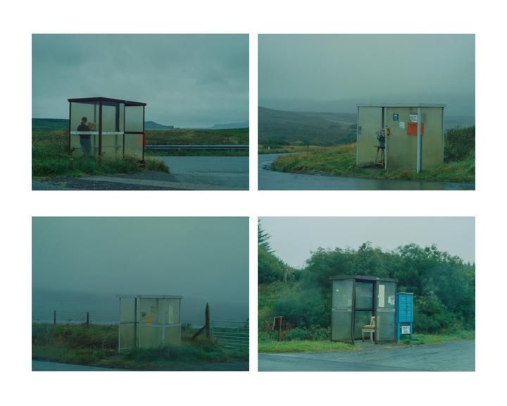 Four bus stops are shown in a grid, each in a different rural setting with overcast skies.