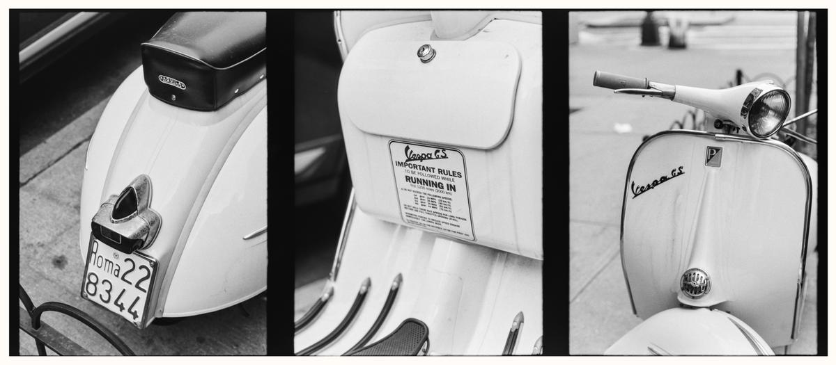 Three black and white panels show different parts of a Vespa scooter, including its rear with a license plate, a side panel with instructions, and its front.