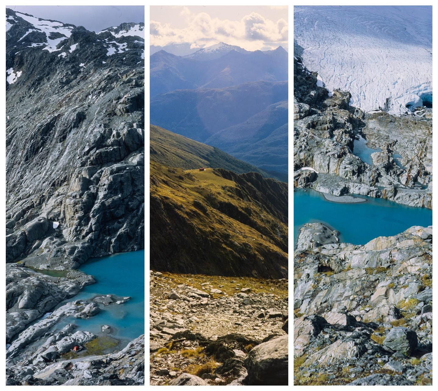 A triptych shows a glacial lake and rocky mountain landscape with a small cabin on a distant ridge.