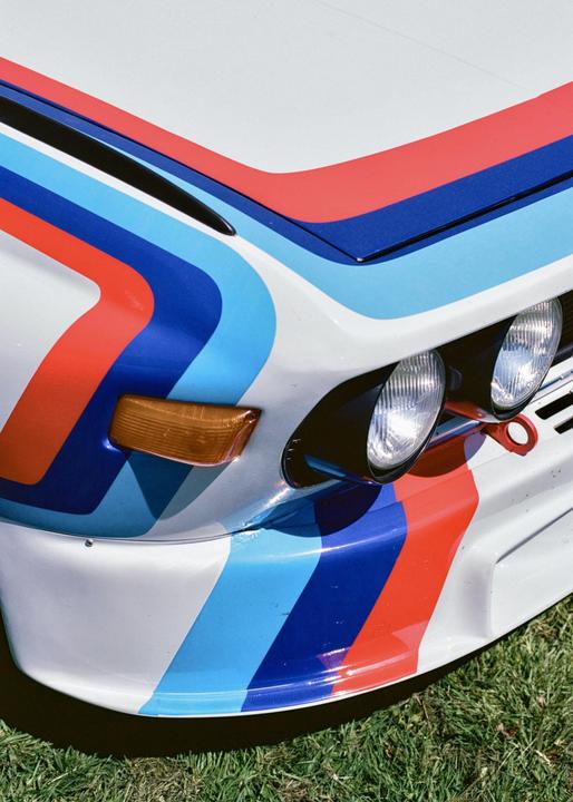 The front of a white vintage car with red and blue racing stripes is parked on green grass.