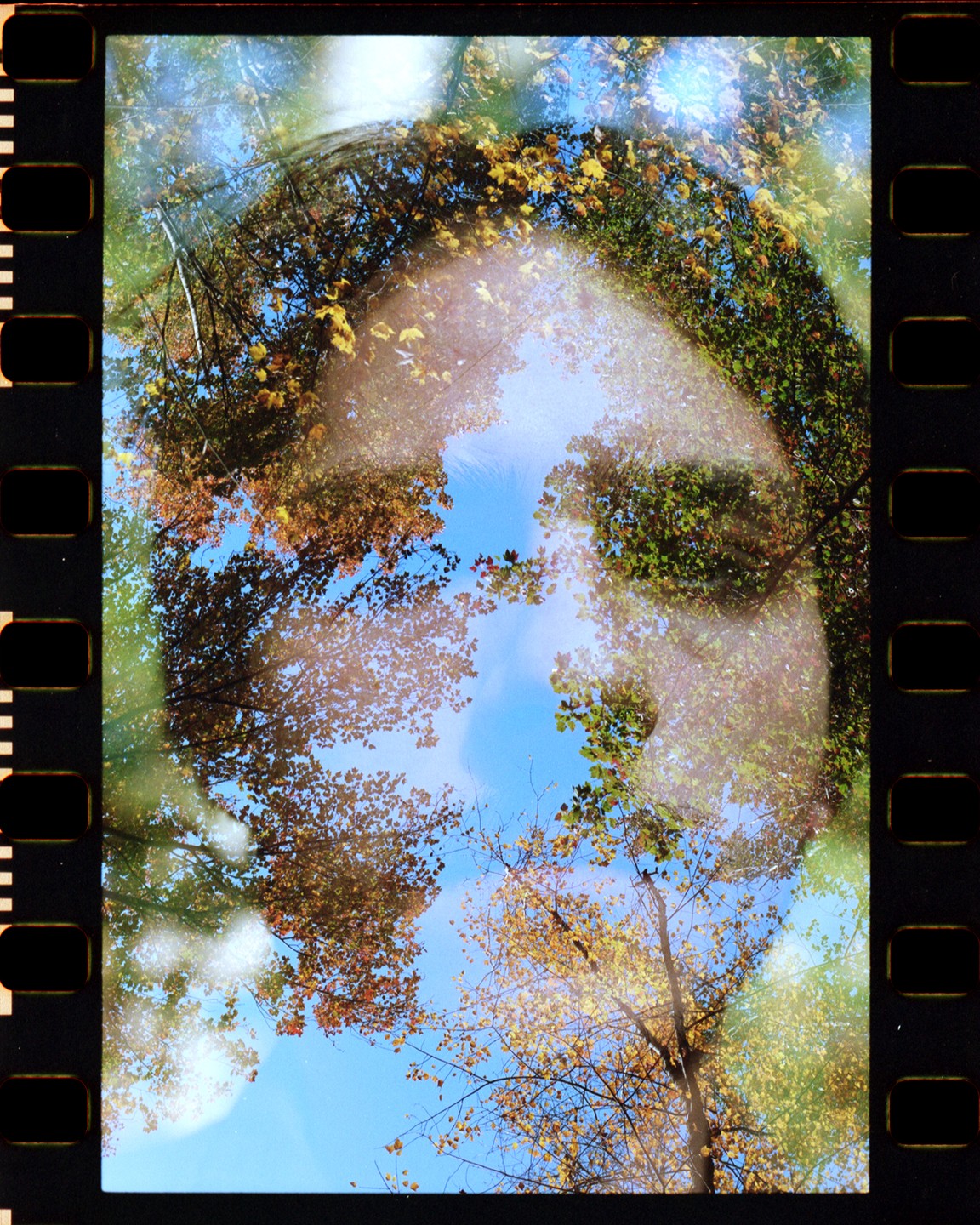 A double exposure shows a woman's face superimposed over a forest with autumn foliage and a blue sky.