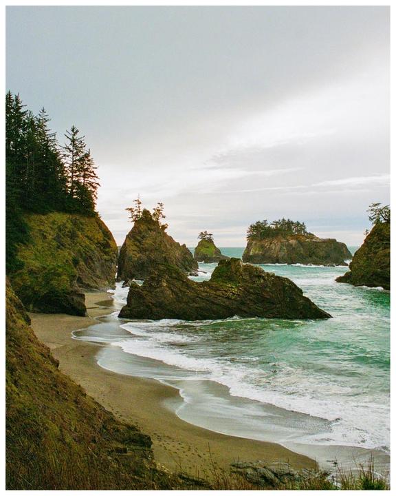 A sandy beach curves along a coastline with large rock formations and evergreen trees under an overcast sky.