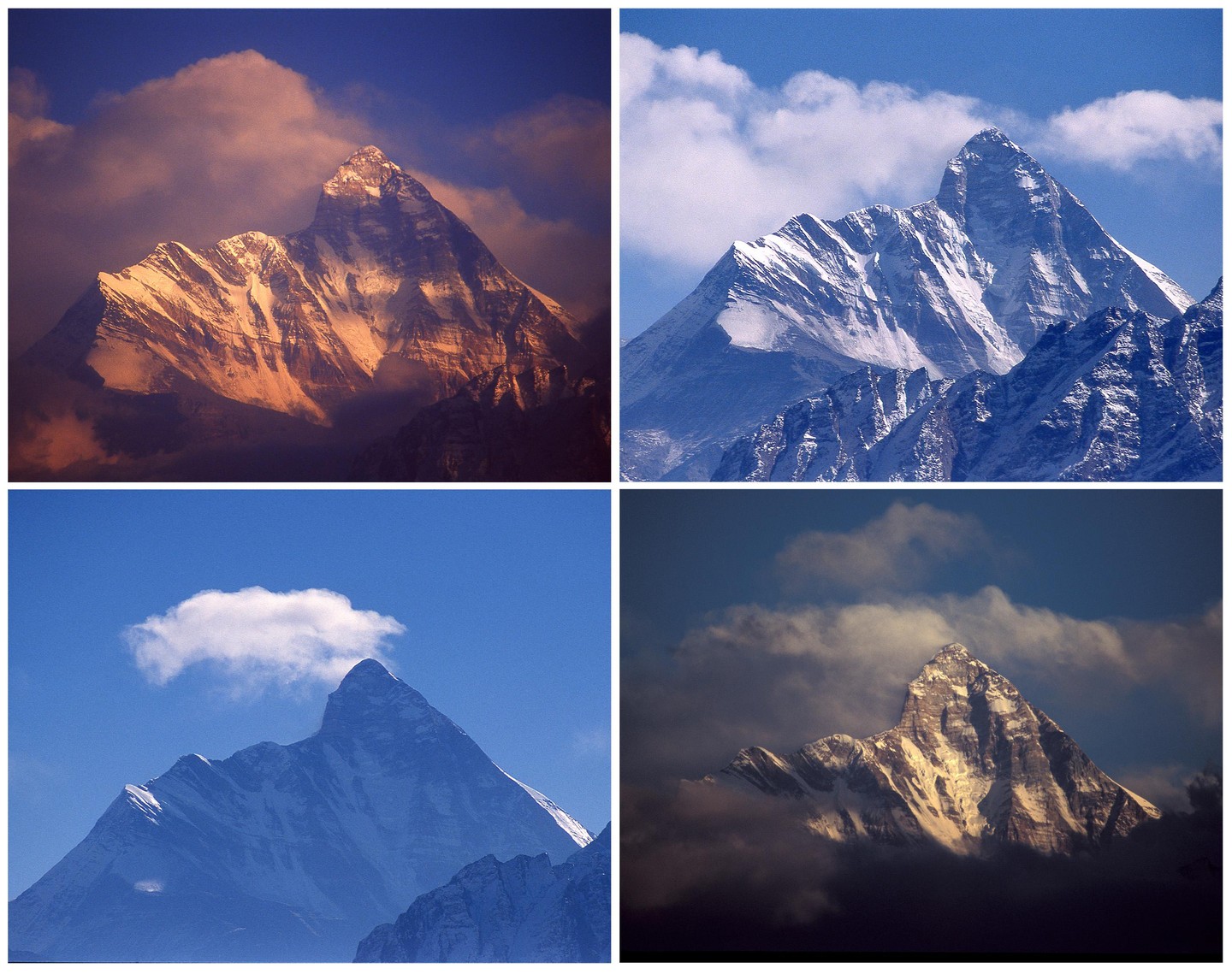 Four images of a snow-capped mountain are arranged in a grid, showing different lighting and cloud conditions.