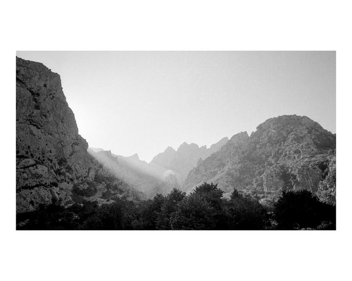 Sunlight breaks through the hazy mountains and illuminates the forest below.