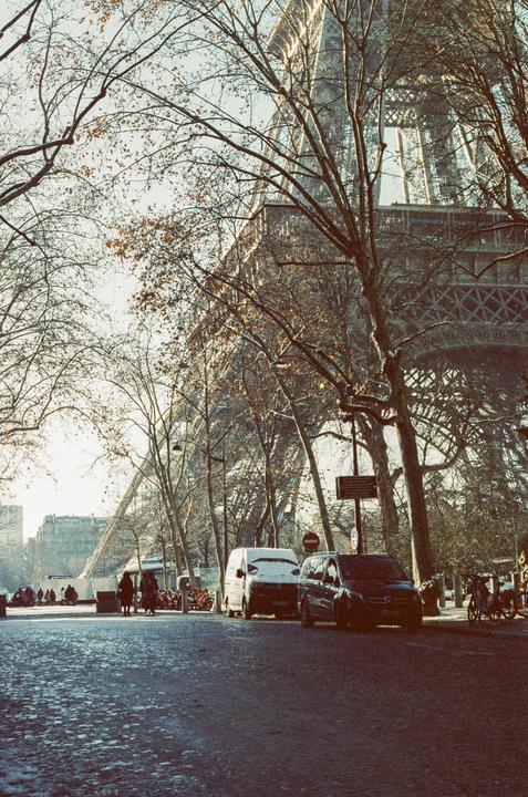 The Eiffel Tower is visible through bare trees on a street with parked cars and people.