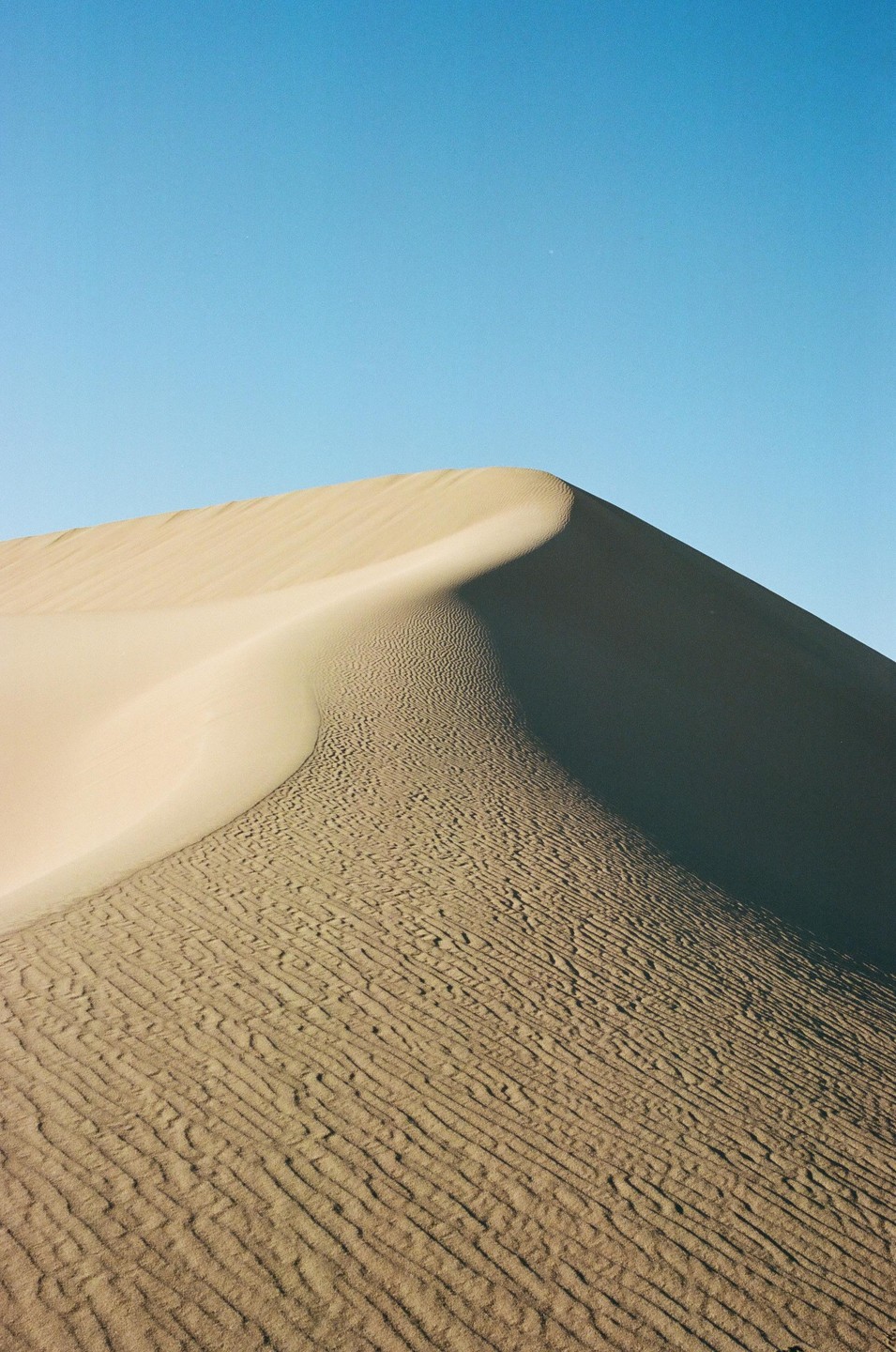 A large sand dune with a sharp ridge casts a shadow across its textured surface under a clear blue sky.