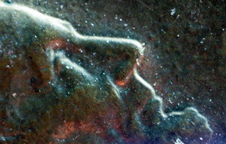 A dark, textured surface with bright, winding lines and scattered white specks resembles a nebula.