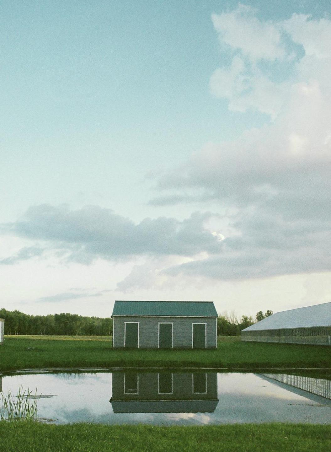 A small building with a green roof is reflected in a pond under a cloudy sky.