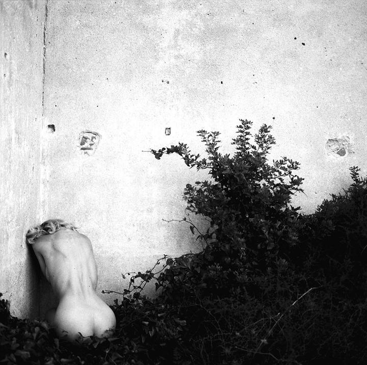 A nude woman kneels in a corner with her back to the viewer, surrounded by dark foliage.