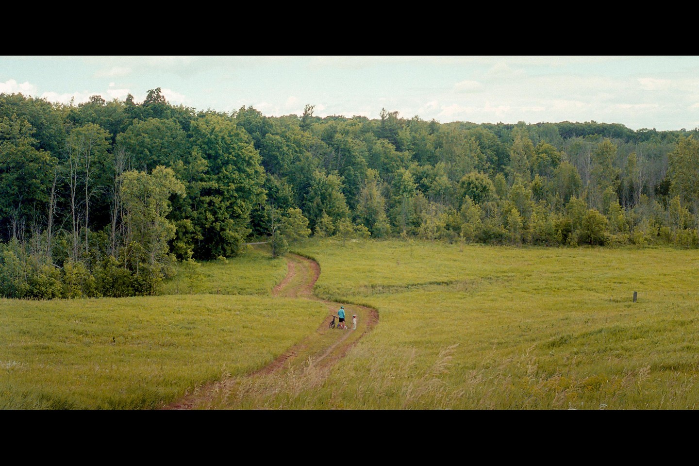 A woman and a child walk along a winding dirt path through a grassy field with a forest in the background.
