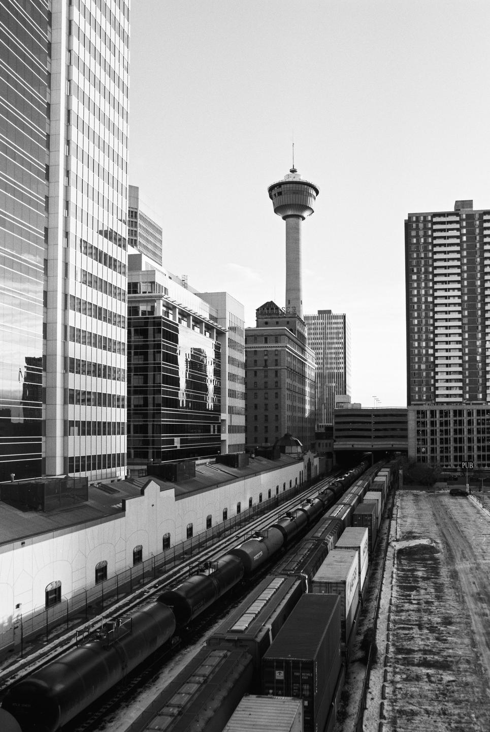 A train with many cars passes through a city with tall buildings and a tower.