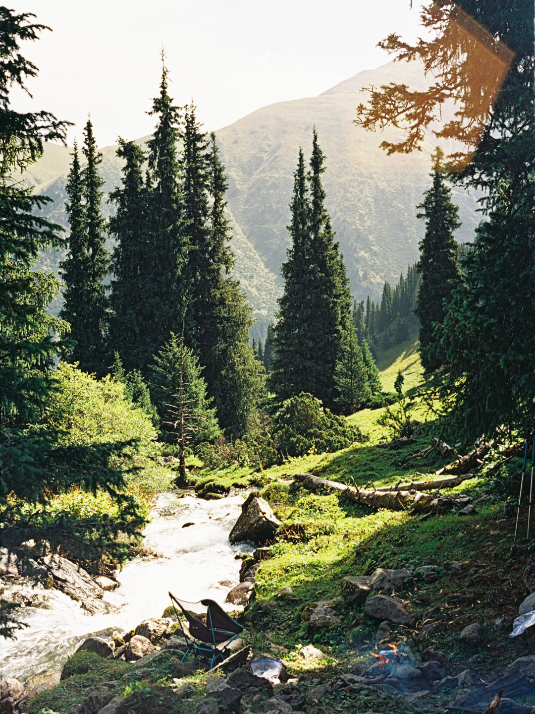 A river flows through a forest with tall trees and mountains in the background, with a chair and campfire in the foreground.