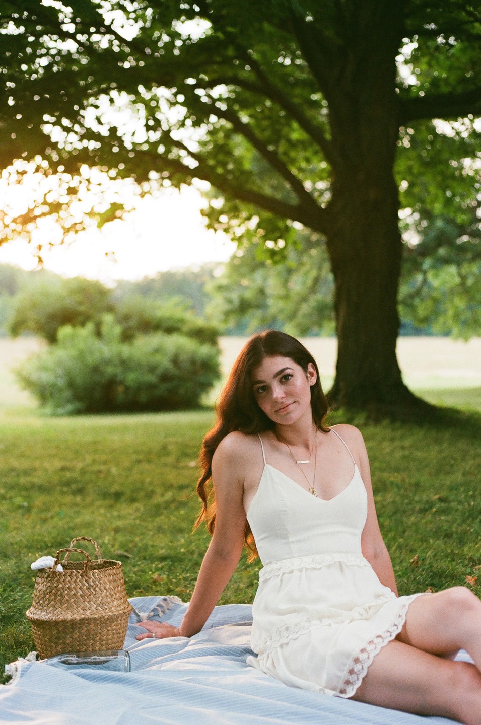 A woman in a white dress sits on a blanket in a grassy field with a tree and bright sky in the background.
