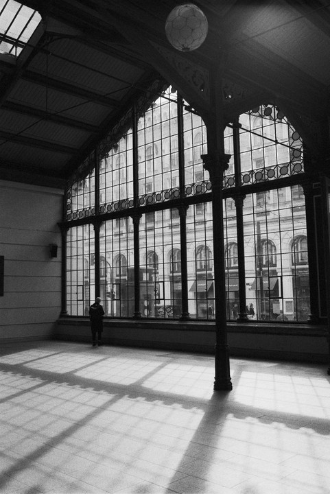 A person stands in a large hall with a tall, arched window looking out onto a building across the street, with sunlight casting grid shadows on the floor.