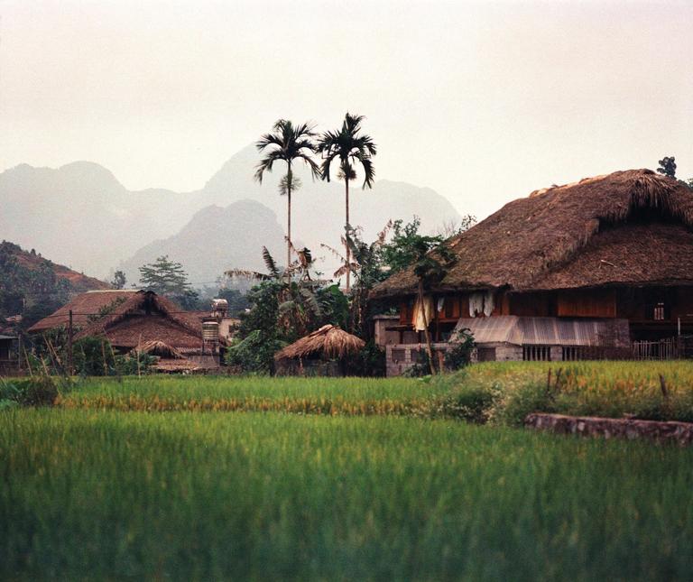 A village with thatched-roof houses and palm trees is nestled in a valley with mountains in the background.
