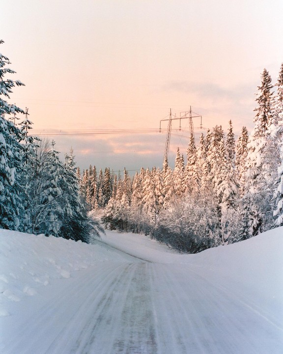 A snow-covered road winds through a forest of snow-laden trees under a pastel sky with power lines and a transmission tower.