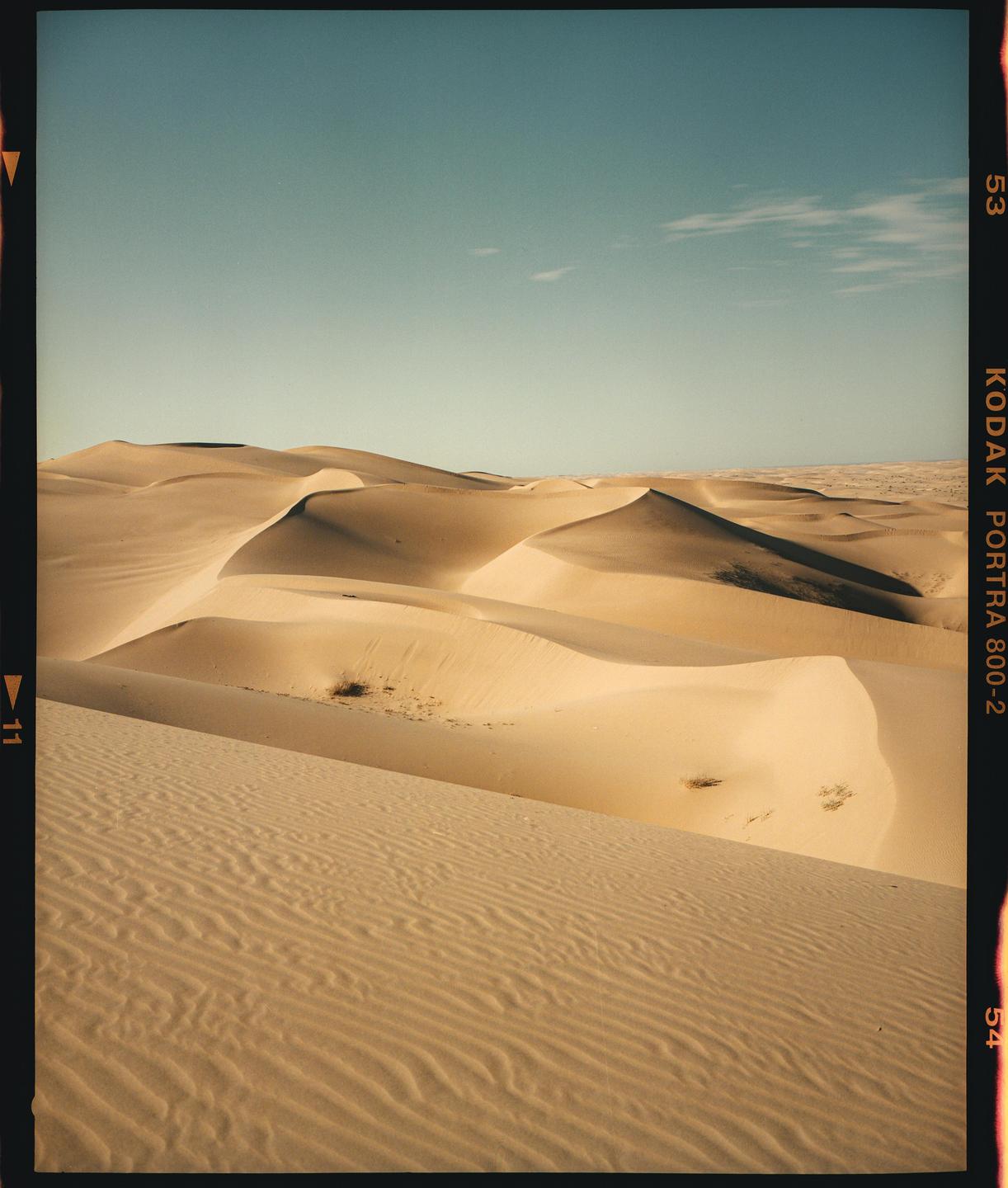 A vast desert landscape features numerous sand dunes under a clear sky.