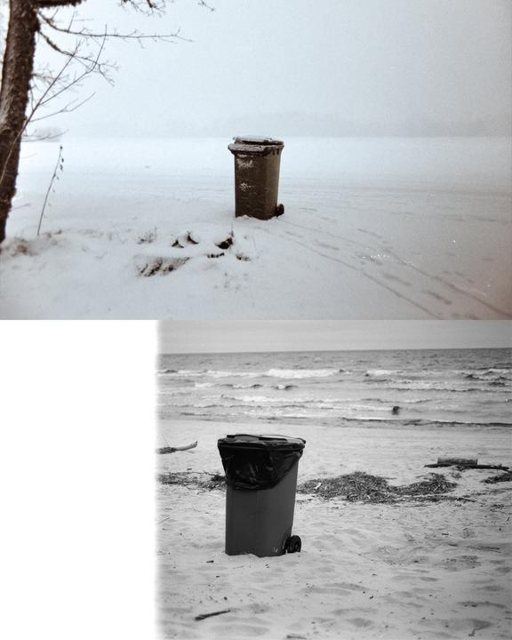 A split image shows a trash can in a snowy landscape and a trash can on a sandy beach with an ocean in the background.