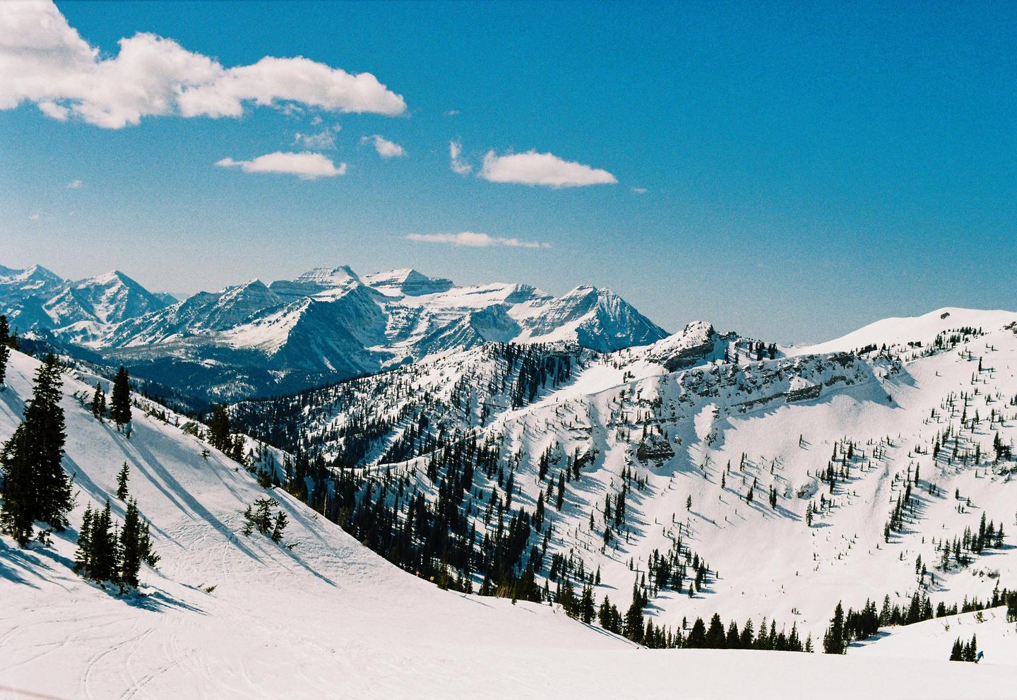 Snow-covered mountains and pine trees are visible under a clear blue sky with scattered clouds.