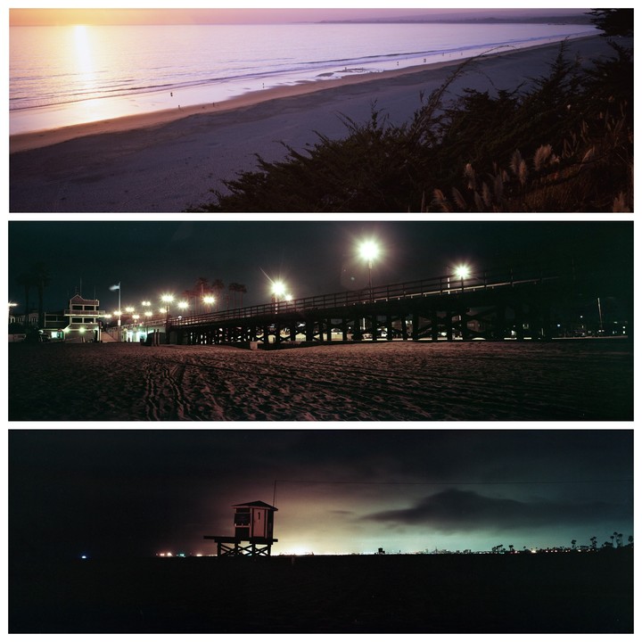 Three horizontal images show a beach at sunset, a pier at night, and a lifeguard stand at night.