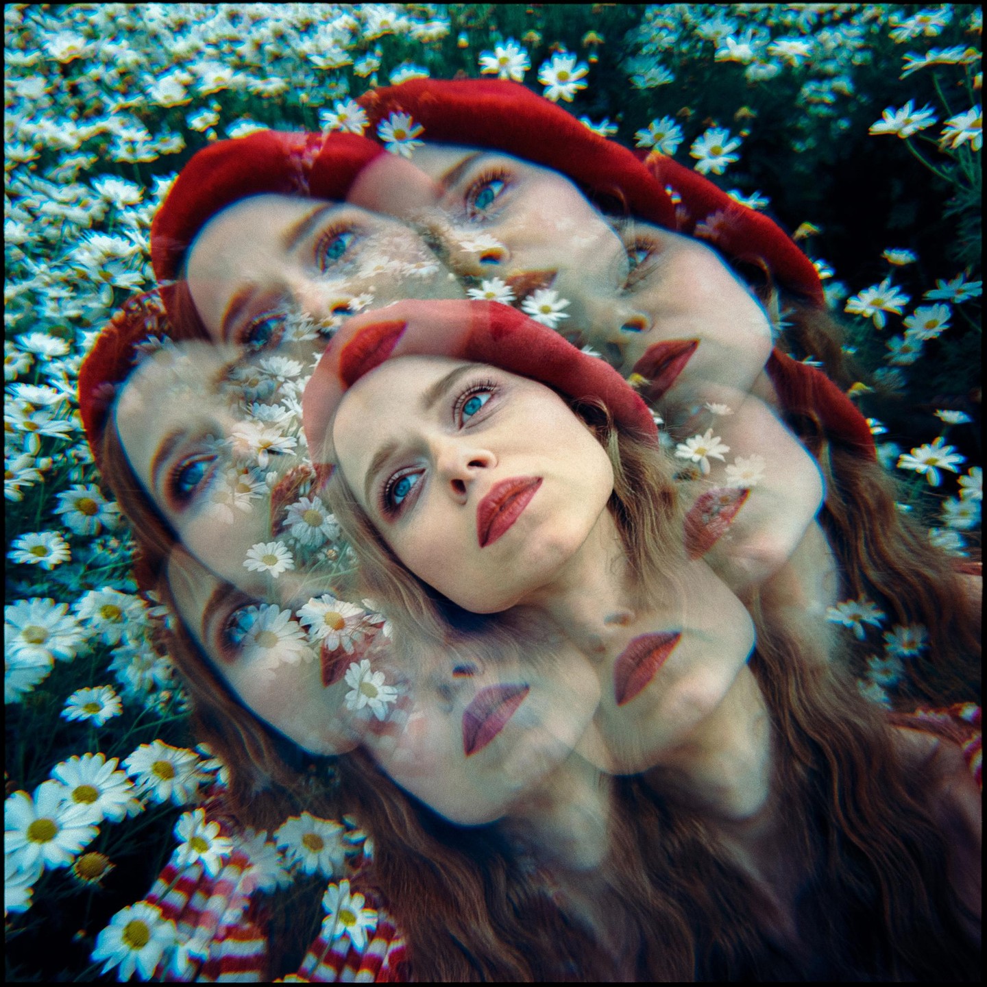 A woman with long hair and a red beret is shown in a multiple exposure, lying in a field of white daisies.