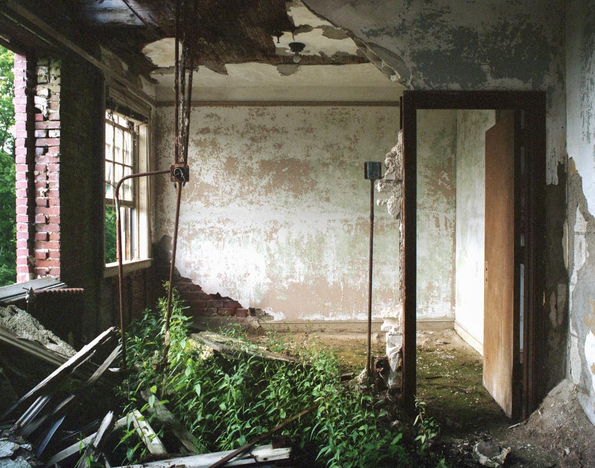 A dilapidated room with peeling paint, exposed brick, and overgrown plants is visible through a doorway.