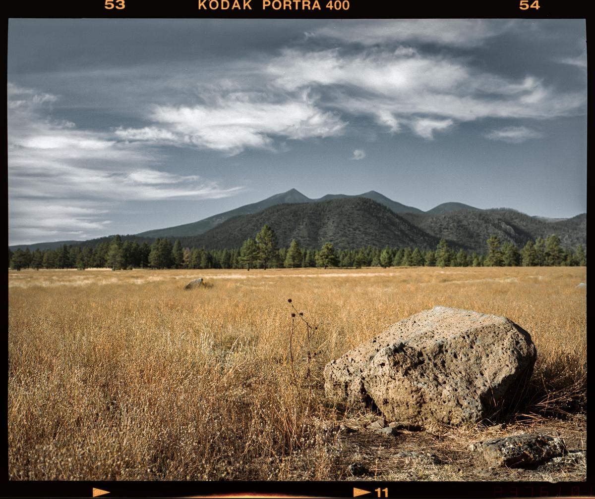 A large rock sits in a field of dry grass with mountains and a forest in the background under a cloudy sky.