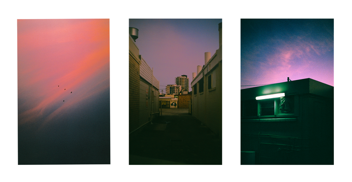 Three vertical images show a pink and purple sky with birds, an alleyway between buildings, and a building with a green fluorescent light.