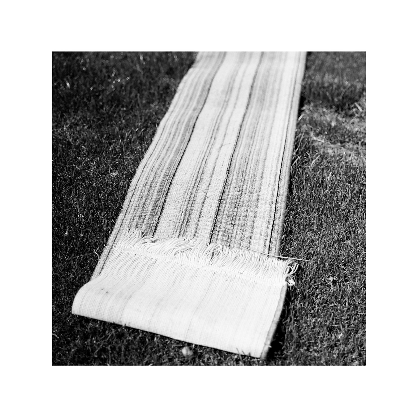 A striped textile with fringe lies on a patch of grass.