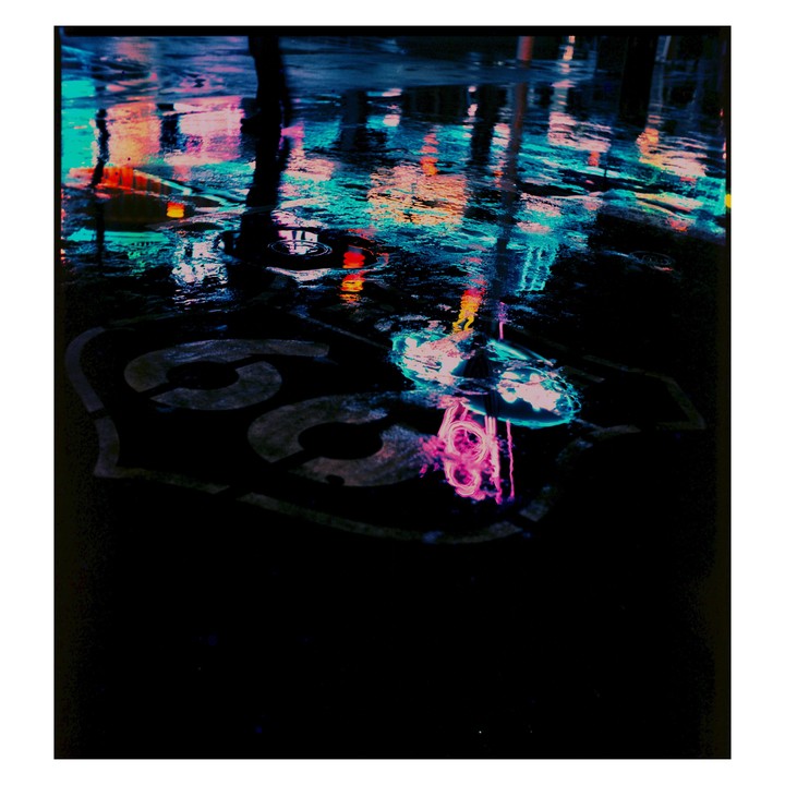Neon lights reflect on a wet street with a Route 66 emblem painted on the pavement.