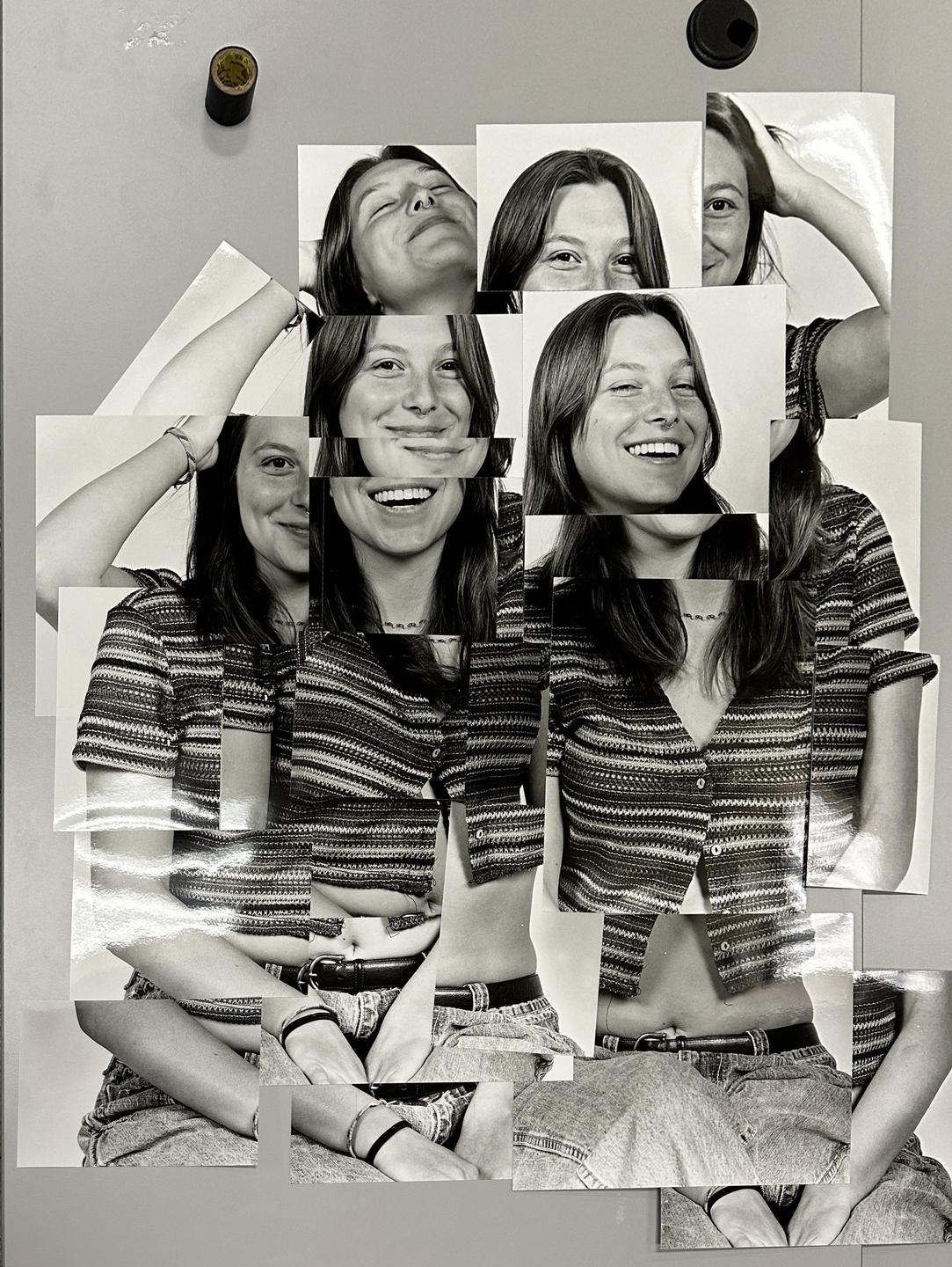 A collage of black and white photographs shows a woman in a striped top and jeans, with multiple images of her face and body arranged together.