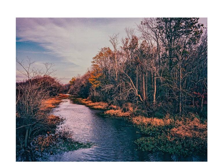 A river winds through a forest with autumn foliage under a cloudy sky.