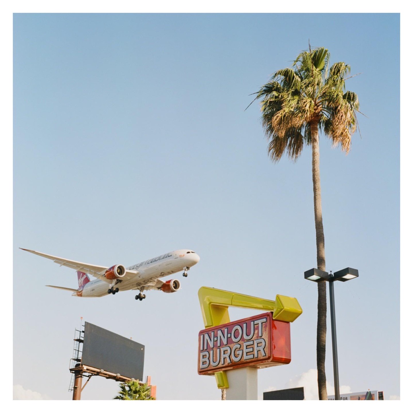 An airplane flies low over an In-N-Out Burger sign and a palm tree.