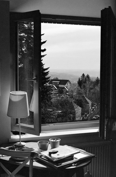 A lamp and a table with various items are in the foreground, with an open window looking out onto a hillside with houses and trees.