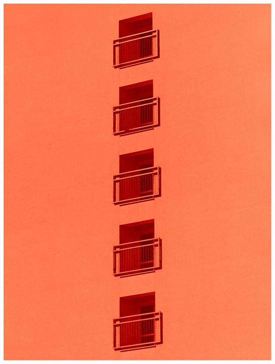 A red building facade with five balconies is shown in a minimalist composition.