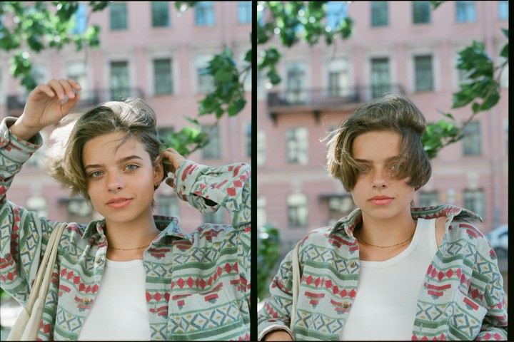 A young woman with short hair poses for a diptych portrait on a city street, wearing a patterned shirt and a white tank top.