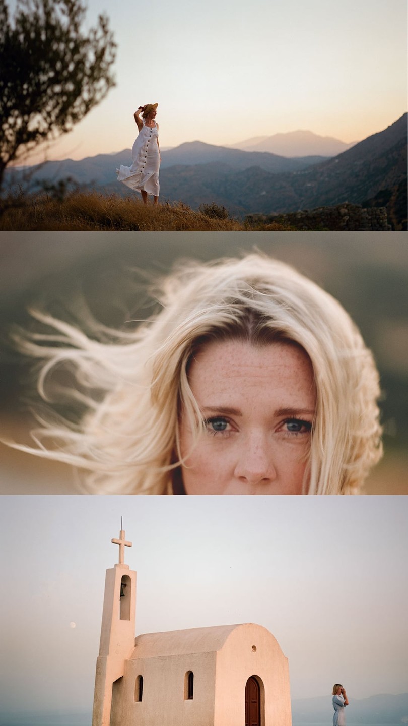 A triptych shows a woman in a white dress on a hill, a close-up of her face, and a small church with the woman standing nearby.