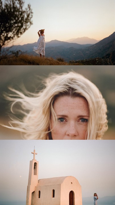 A triptych shows a woman in a white dress on a hill, a close-up of her face, and a small church with the woman standing nearby.