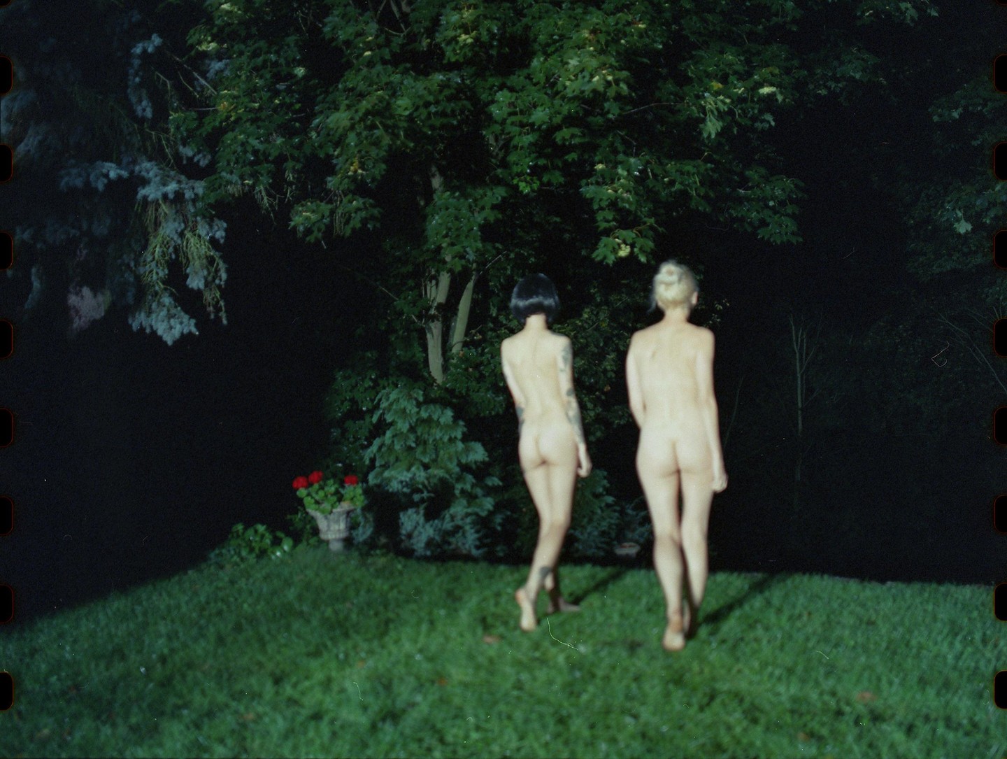Two women walk away from the camera into a dark garden at night.